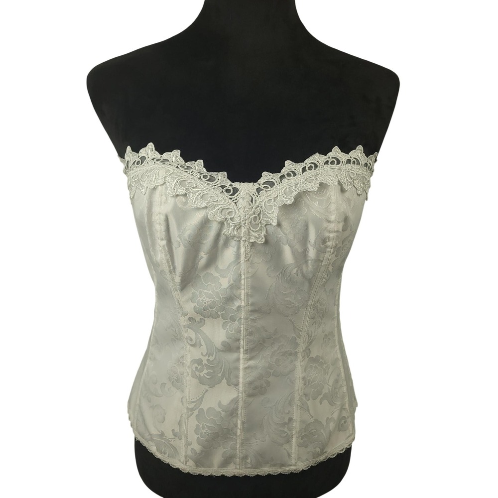 Vintage Fredericks Hollywood White Floral Jacquard Corset Top Sz 38 Bustier EUC